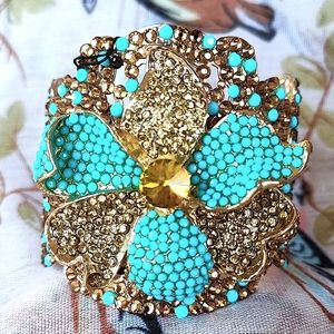 Cezanne Shiny Gold Tone Filigree Cuff Bracelet Faux Turquoise Topaz Rhinestones